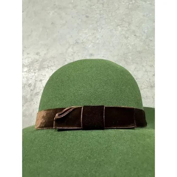 Vintage 70s Yes Saint Laurent Women Rabbit Felt Sun Fedora Hat Green 7 1/4 Italy